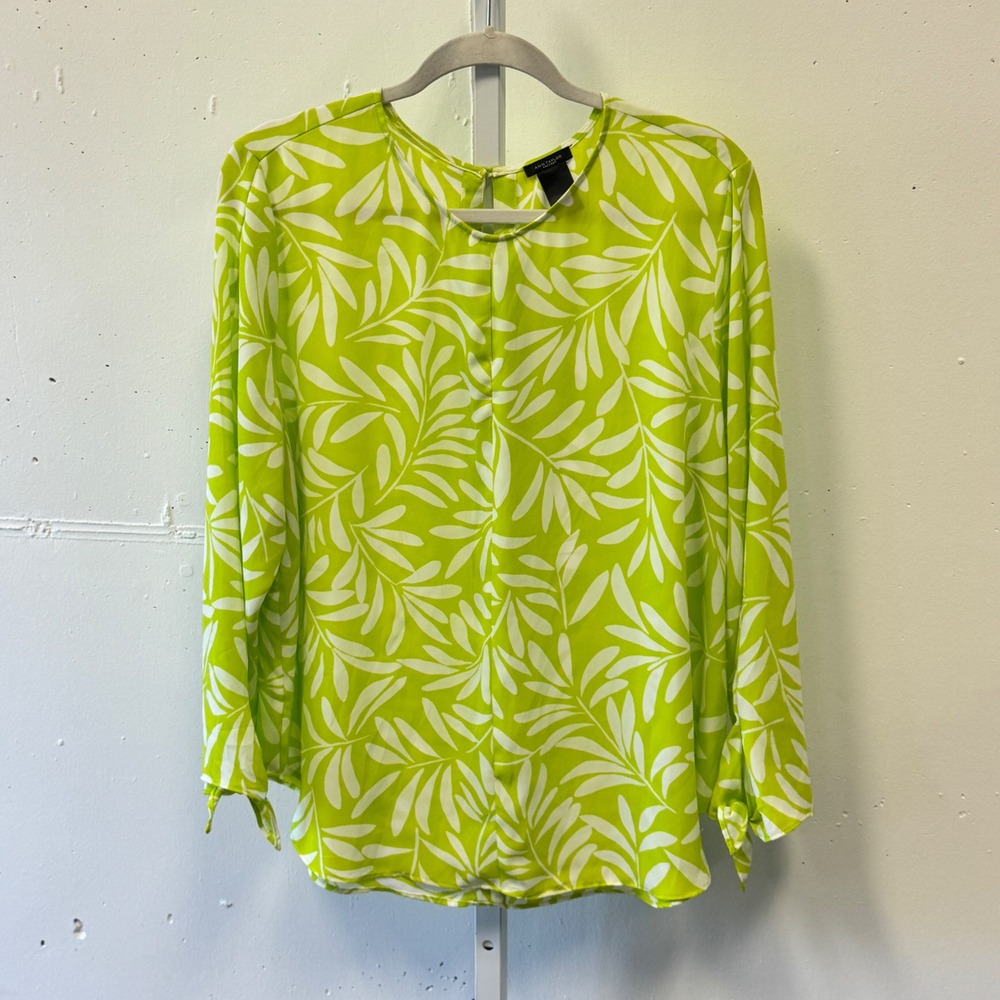 Ann Taylor Factory Lime Green Palm Leaf Print Tie Cuff Blouse XL Lightweight